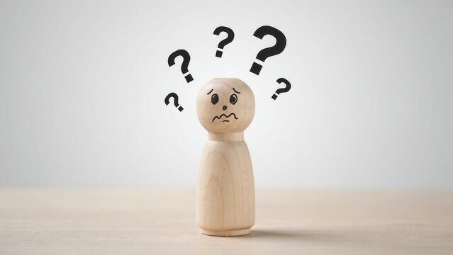 Wooden peg doll with sad hand drawn face expression surrounded by floating black question marks on a plain light background