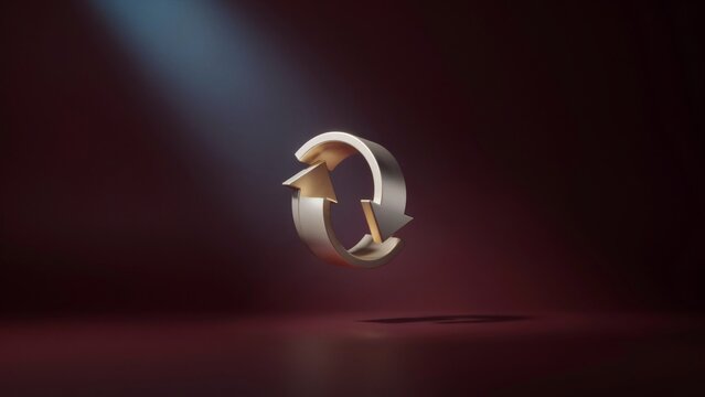 A metallic circular arrow icon floating against a dark red background with dramatic lighting with under spotlight illumination symbol floats center
