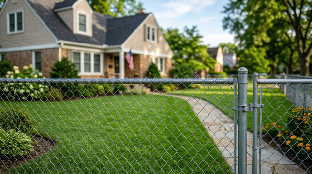 Chain Link Fence and Gate in Front of Suburban Family Home with Green Lawn