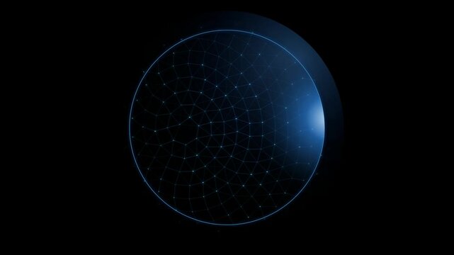 Glowing blue circular network grid with connected dots on a dark background 4K Motion Video