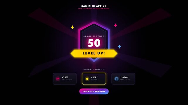 Vibrant Gamified App UX with Stage Reached 50 and Level Up Celebration for User Engagement and Motivation