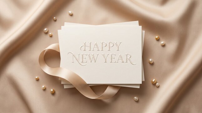 Elegant New Year's Greeting: A stack of embossed cards bearing the festive message Happy New Year rests elegantly on luxurious satin fabric, adorned with delicate pearls and a satin ribbon.