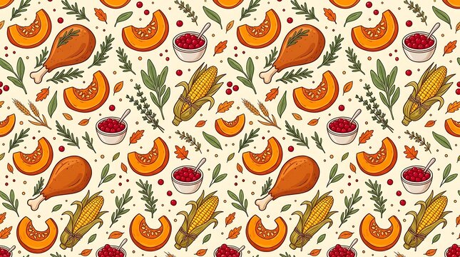 Autumn harvest seamless pattern with chicken and foliage on a light background