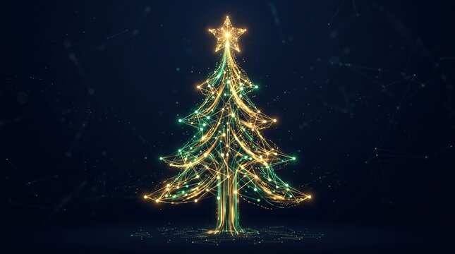 Network Christmas Tree Digital Illustration of a Glowing Plexus Tree Made of Connected Nodes and Triangulated Lines Topped With a Five Pointed Star