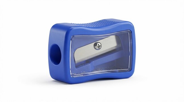 Blue plastic manual pencil sharpener, handheld school stationery tool, portable office supply with metal blade on white background