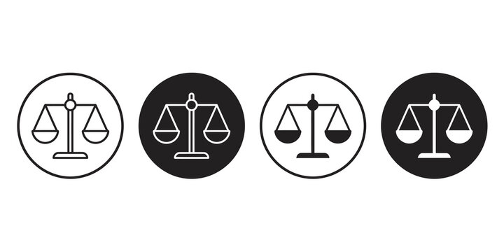 Scales of justice icon set, legal symbol in black and white for law and balance concepts.