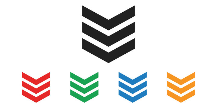 Down arrow chevrons, black and colored set of pointing symbols for scrolling or navigation.