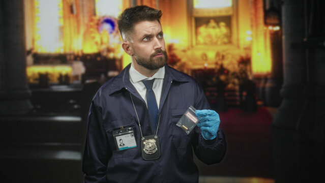 Man detective holding evidence bag with gloved hand inside church building, displaying badge and idcard and wearing navy jacket and blue tie; duty.