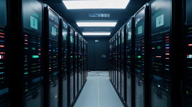 Cryptocurrency Mining Rigs with Blinking LEDs in Dark Server Room