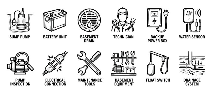 Black and white line art icon set for sump pump systems and basement waterproofing services, featuring equipment like a float switch, water sensor, and backup battery unit