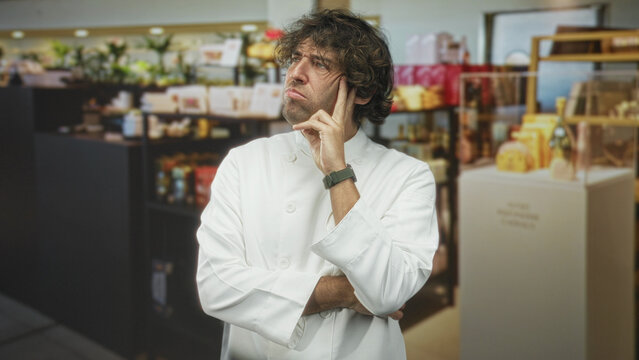 Man in chef uniform with hand on chin and crossed arms in building retail display area; pensive thought.