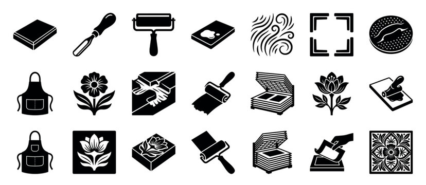 Collection of black linocut printmaking icons showing tools and supplies like a brayer, gouge, ink, and block for creating artistic floral and abstract designs