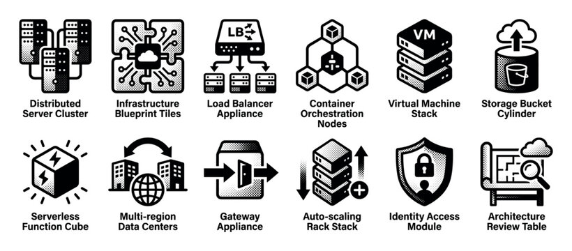 Set of black cloud computing icons representing server clusters, load balancing, virtualization, data storage, and network security in a simple glyph style with halftone shading