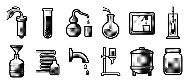 Set of black and white icons representing distillation, filtration, and laboratory equipment including a test tube, flask, alembic, and condenser in a retro halftone graphic style