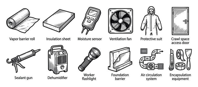 Crawl space encapsulation equipment and tools icon set showing a vapor barrier, dehumidifier, sealant gun, and protective suit in a black and white line art vector illustration