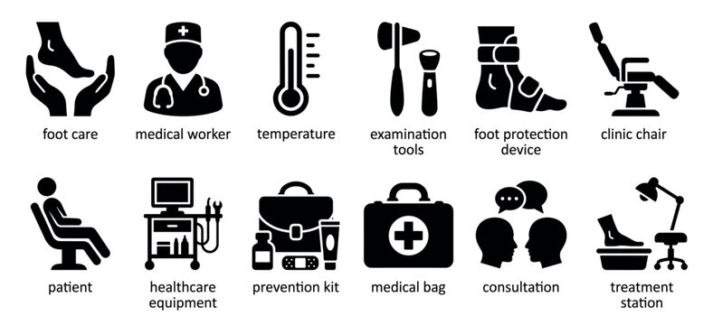 Set of black solid glyph icons for podiatry and foot care, including a doctor, patient, ankle brace, medical bag, and examination tools for healthcare concepts