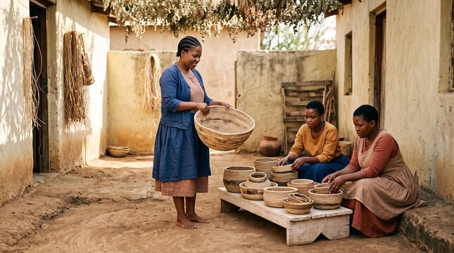 Women organize woven reed baskets in an Eswatini courtyard
