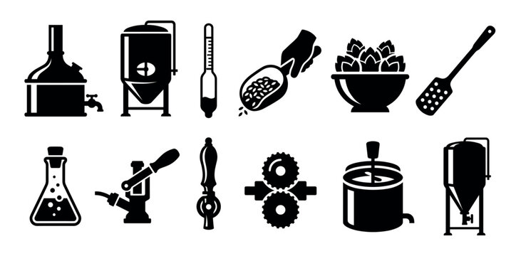 Set of black beer brewing icons showing equipment for making craft beer, including a fermenter, hops, malt, kettle, and hydrometer for homebrewing or microbrewery production