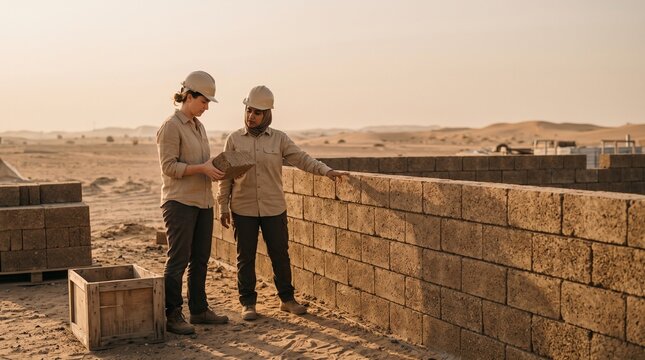 UAE team reviews date composite blocks at desert site