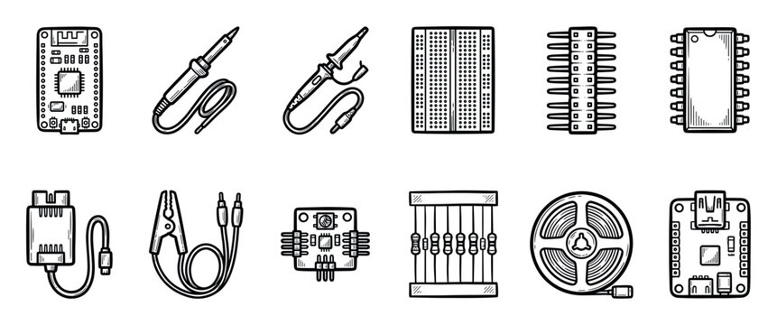 Electronic components and tools icon set for DIY maker projects, featuring a microcontroller, breadboard, and soldering iron in a hand-drawn black and white line art style