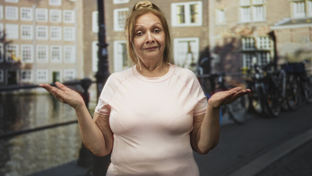 Woman palms up shrug showing hands and arms on a canal street by bicycles and building facade; resigned acceptance.