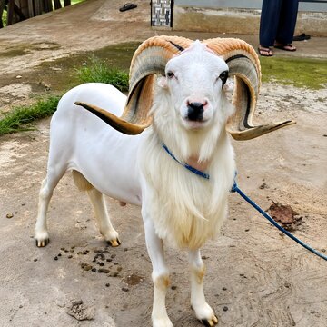 White Priangan Garut ram with large curved horns standing outdoors looking at camera