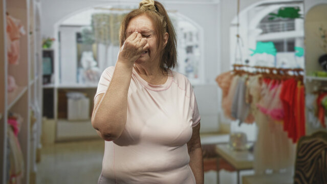 Senior woman pinches nose and winces inside a boutique building among hanging dresses and racks, hand pressed to face showing a smell reaction; disgust.