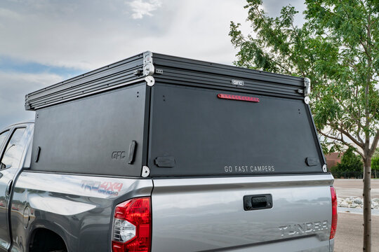 Loveland, CO, USA - August 21, 2026: Go Fast camper on Toyota Tundra pickup truck - vehicle setup for overlanding.