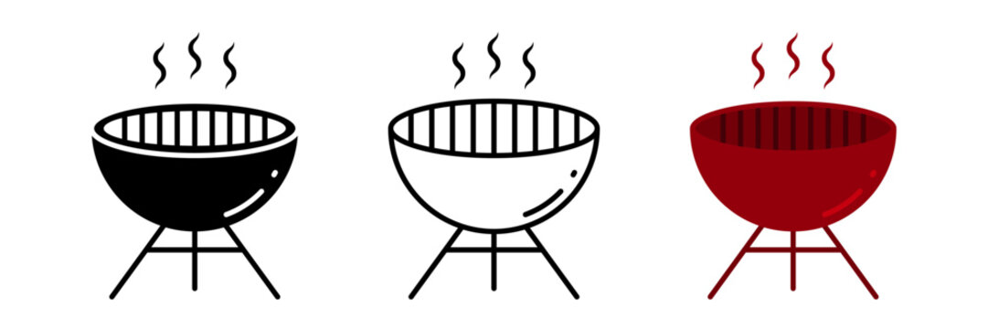 Barbecue BBQ Grill Icon Set Isolated on Transparent Background. Outdoor Cooking and Picnic Equipment. Vector Illustration