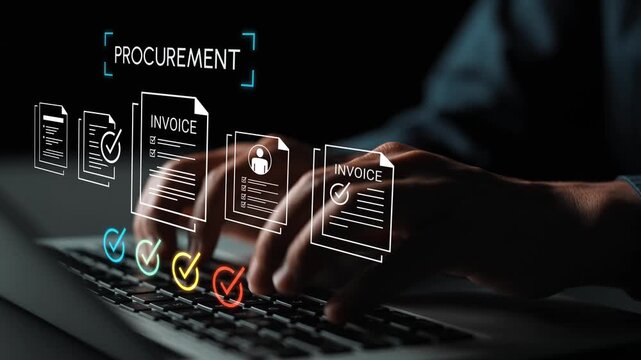 Hands typing on a laptop keyboard with procurement documents, invoice illustrations and checkmarks on a dark background enhancing productivity and organization Gluon.