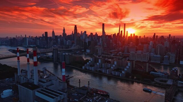 Spectacular burning sky over Manhattan skyline. Distancing from Ed Koch Queensboro Bridge at sunset. New York City, USA.