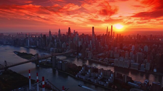 Stunning burning red sky with clouds over the modern scenery of Manhattan. Drone footage approaching the Ed Koch Queensboro Bridge at sunset.