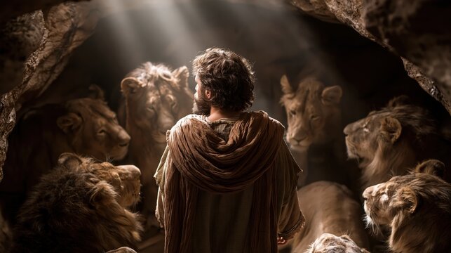 Daniel standing unharmed among calm lions in the lions' den under shafts of divine light.