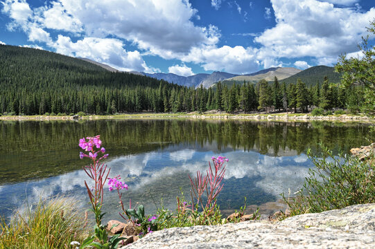 Echo Lake in the Colorado Rocky Mountains with pine trees, blue sky and clouds, Idaho Springs CO