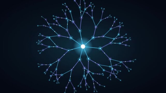 Radial expanding digital neural network with glowing cyan and purple branching nodes
