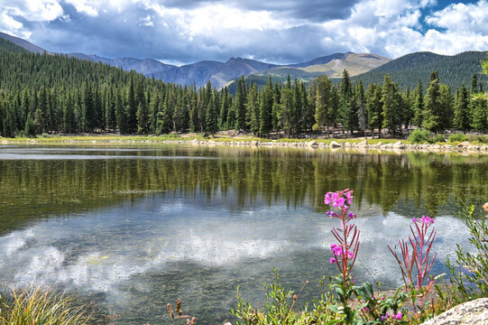 Echo Lake in the Colorado Rocky Mountains with pine trees, blue sky and clouds, Idaho Springs CO