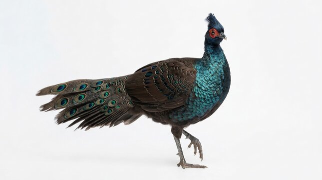 Palawan peacock-pheasant on white background. Exotic tropical bird with iridescent blue feathers. Rare pheasant wildlife photography.