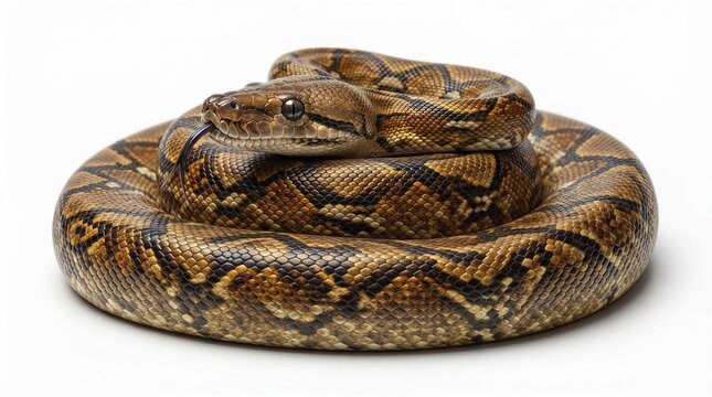 Coiled boa constrictor snake on white background, brown patterned reptile scales, exotic pet python studio portrait