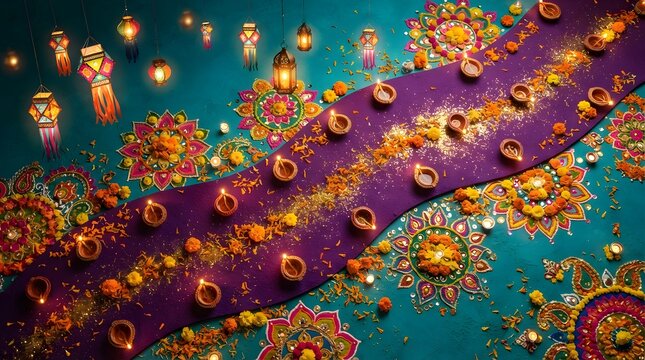 Diwali festival background with traditional oil lamps diyas, colorful rangoli patterns, and hanging lanterns on a vibrant teal and purple surface