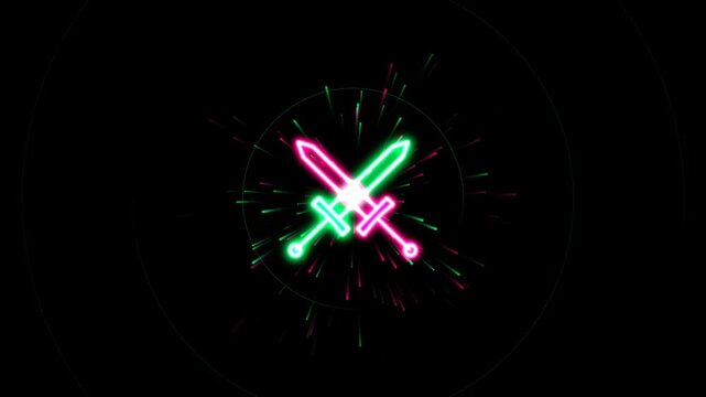 Crossed swords icon with glowing neon light effect in pink and green colors on a dark background 4K Motion Video