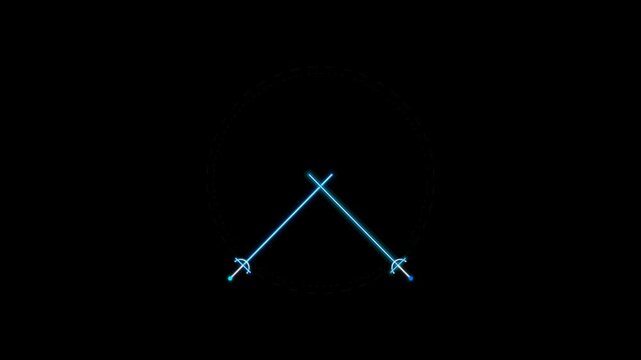 Two glowing blue neon swords crossed together on a dark background 4K Motion Video
