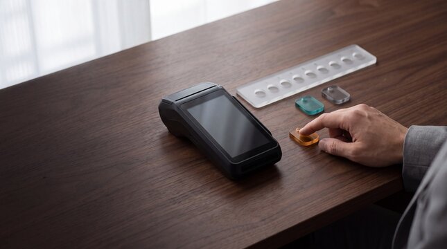 hand holding medication near payment terminal on wooden desk