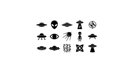 Alien UFO Icons Set, Space Extraterrestrial Symbols, Sci-Fi Vector Graphics Collection © Rasel