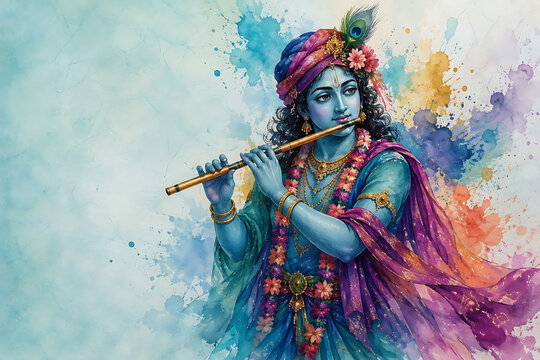 Beautiful watercolor painting of divine lord krishna playing his magical flute surrounded by vibrant colors for the auspicious occasion of krishna janmashtami