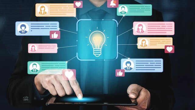 Businessman using tablet to analyze social media engagement with abstract icons depicting communication and feedback in a digital interface. Entropy.