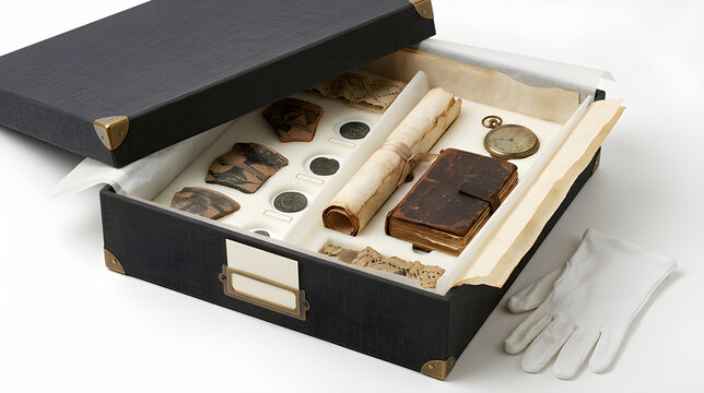 Antique collection in a storage box with vintage artifacts and historical documents.
