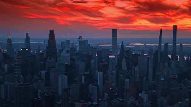 Bright hell red sky over the dark scenery of Manhattan. New York City panorama at dusk time from drone.