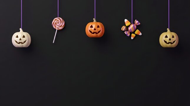 Spooky halloween decorations hanging with pumpkins ghosts and fall leaves on a dark background