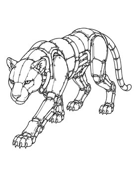 Black and white drawing of mechanical tiger wearing leather harness standing on isolated white background vector illustration outline coloring page