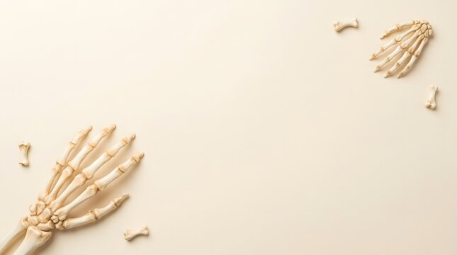 Minimalist halloween background featuring human skeleton hands on a clean light beige textured surface